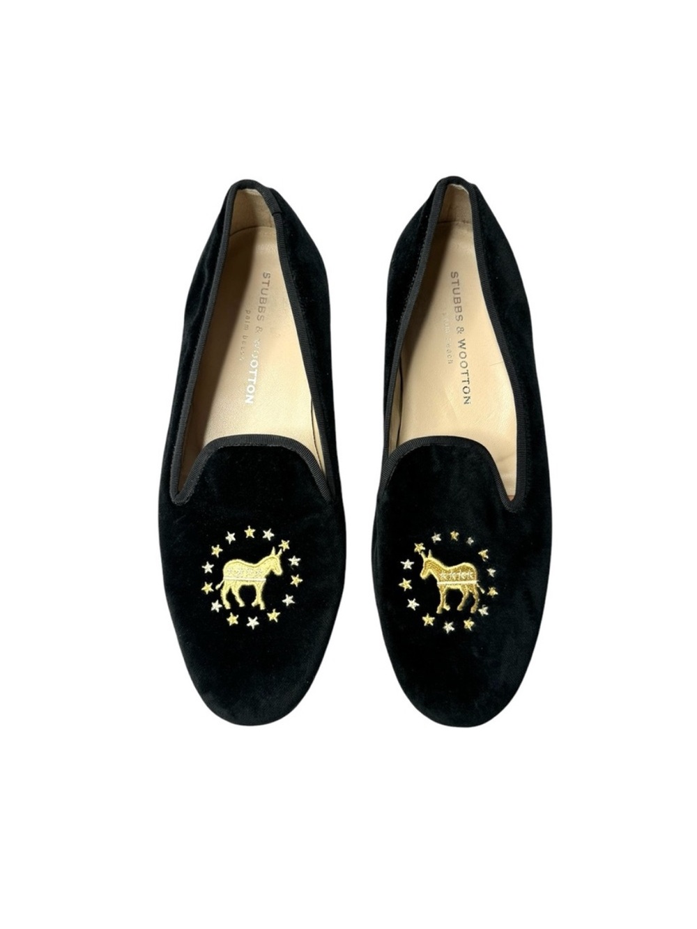 Stubbs & Wootton Black Velvet Embroidered Shoes Slippers SlipOns Democrat Donkey
